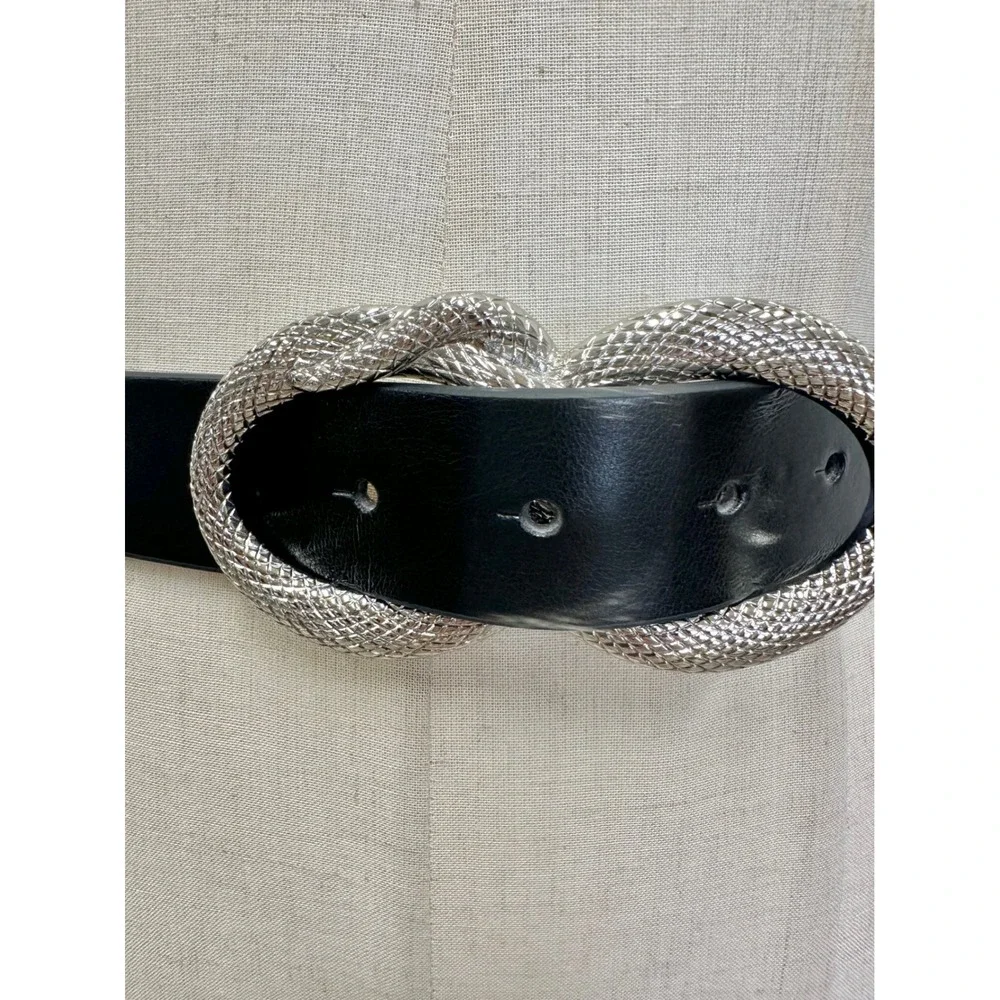 Double Snake Silver Textured Infinity Buckle Black Faux Leather Belt Size M